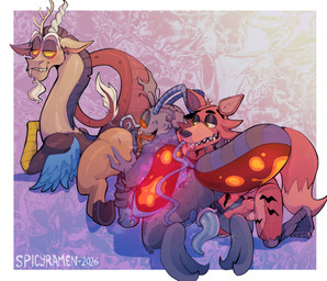 all_fours anal animal_genitalia animal_penis antennae_(anatomy) anthro anus bite biting_lip biting_own_lip bodily_fluids butt canine_genitalia canine_penis equine_genitalia equine_penis eye_patch eyewear feathered_wings feathers feet fur genital_fluids genitals group group_sex half-closed_eyes half-erect hand_on_butt hand_on_head handjob hook hook_hand hooves kneeling knot looking_back lying machine male male/male male_rimmed male_rimming male_rimming_male narrowed_eyes nude on_front open_mouth oral penile penis puffy_anus rimming rimming_male self_bite sex simple_background smile tail threesome tongue tongue_out trio wings spicyramen five_nights_at_freddy's friendship_is_magic hasbro my_little_pony scottgames discord_(mlp) foxy_(fnaf) zik_(vanhiko) animatronic arthropod canid canine canis chimera draconequus fly_(animal) fox insect mammal mosquito robot digital_media_(artwork) hi_res