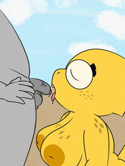 anthro bodily_fluids breasts dripping duo erection eyewear faceless_character female freckled_breasts freckled_face freckled_shoulders freckles genital_fluids genitals glasses inverted_nipples male male/female nipples non-mammal_breasts nude penis precum precum_drip saliva saliva_drip small_penis tail teeth tongue tongue_out yellow_body susfortressa undertale undertale_(series) alphys lizard reptile scalie 3:4 digital_media_(artwork) hi_res