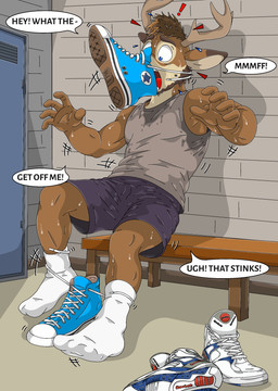 anthro antlers athletic_wear bdsm bench blue_eyes bodily_fluids bondage bound brick brick_wall brown_body brown_fur clothing converse_shoes facial_hair footwear forced_sniffing fur gym horn locker_room male on_bench scared shocked shoe_fetish shoelaces shoes sitting sitting_on_bench smelly_shoes sneakers socks solo speech_bubble startled surprised sweat sweaty_clothing wall_(structure) palmer711 chuck_taylor_all_stars converse reebok deer mammal absurd_res hi_res