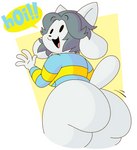 2016 anthro beesandbutts big_butt bottomless butt canid canine clothed clothing digital_media_(artwork) felid feline female hair hi_res mammal shirt simple_background solo tem temmie_(undertale) text thick_thighs topwear undertale undertale_(series) white_body