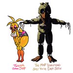 anthro avian_feet beakless bent_over bib black_sclera breasts cleavage clothed clothing duo eyelashes eyeshadow feathers female front_view head_feathers head_tuft machine makeup nightmare_fuel panties pink_clothing pink_eyeshadow pink_panties pink_underwear purple_eyes rosy_cheeks sharp_teeth simple_background tail tail_feathers teeth text thick_thighs tongue tongue_out tuft underwear white_background white_eyes wide_hips wire yellow_body yellow_feathers rodentgame five_nights_at_freddy's five_nights_at_freddy's_2 scottgames toy_chica_(fnaf) withered_chica_(fnaf) animatronic avian bird chicken galliform gallus_(genus) phasianid robot 1:1 2025 digital_media_(artwork) english_text hi_res