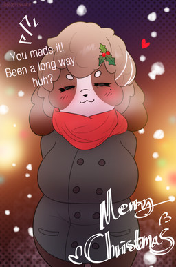 anthro big_breasts blush blush_lines breasts brown_hair clothed clothing dialogue elderly_female eyelashes eyes_closed female hair holidays multicolored_body outside red_scarf scarf smile snow snowing solo standing tear_trough text bluef1shcake christmas aya_lin canid canine canis domestic_dog mammal 2025 digital_media_(artwork) english_text hi_res