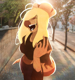 anthro black_bottomwear black_clothing black_crop_top black_pants black_shirt black_topwear blonde_hair bottomwear breasts brown_body claws clothed clothed_anthro clothed_female clothing crop_top day detailed_background eyes_closed female finger_claws fingers frill_(anatomy) front_view hair happy humanoid_hands light light_beam long_hair markings medium_breasts midriff non-mammal_breasts open_mouth open_smile outside pants plant shirt smile solo standing street striped_markings stripes sunbeam sunlight tail teeth topwear tree emjay_(artist) cavemanon_studios i_wani_hug_that_gator kiara_(iwhtg) ceratopsian dinosaur marginocephalian ornithischian prehistoric_species protoceratops protoceratopsid reptile scalie absurd_res digital_media_(artwork) hi_res