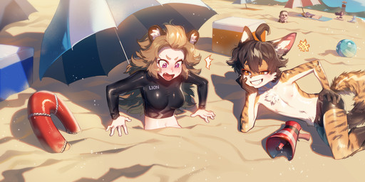 anthro ball beach beach_ball beach_mat beach_umbrella beachwear black_body black_fur blonde_hair blush box breasts brown_hair bulge claws clothing container day duo_focus female fox_ears fox_tail frowning_at_another fur glistening glistening_body glistening_skin group hair inflatable lifeguard_swimsuit lifeguard_tower light lion_ears looking_at_another loudspeaker lying_on_ground male markings mountain navel nipples on_ground orange_body orange_fur outside parasol pink_nipples running sand sea smile striped_body striped_fur striped_markings striped_tail stripes stuck stuck_in_ground sunlight surprised swimming_trunks swimwear tail tail_markings tight_clothing tube water goatdraw extraordinary_ones saimei_(extraordinary_ones) yeorangyee canid canine felid fox human humanoid hybrid lion mammal pantherine tiger absurd_res hi_res