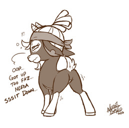 2_horns butt clothing dialogue drunk facial_hair female feral goatee hair half-closed_eyes headgear headkerchief headwear hooves horn kerchief narrowed_eyes quadruped scut_tail short_tail simple_background solo standing substance_intoxication tail text toony white_background nekostar them's_fightin'_herds shanty_(tfh) bovid caprine goat mammal 2023 digital_drawing_(artwork) digital_media_(artwork) english_text monochrome signature