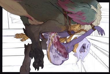 abdominal_bulge anthro anthro_on_feral anthro_penetrated arms_tied barn bdsm belly_riding bestiality bodily_fluids bondage bound breasts claws crying cuff_(restraint) cum cum_from_vagina cum_in_vagina cum_inflation cum_inside cum_through female feral feral_penetrating feral_penetrating_anthro forced genital_fluids genitals huge_penetration inflation internal knot knotted_penis knotting legs_tied male male/female penetration penile penile_penetration penis penis_in_vagina purple_body rape red_eyes restraints ridged_knotted_penis ridged_penis sex small_breasts tears vaginal vaginal_penetration vulva anonymous_artist capcom final_fantasy final_fantasy_xiv monster_hunter mythology square_enix nael_deus_darnus bird_wyvern dragon mythological_creature mythological_scalie scalie seikret absurd_res hi_res