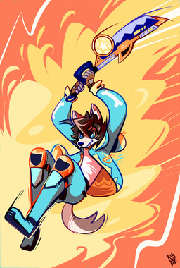 ambiguous_gender anthro attack blue_eyes clothing fangs hoodie melee_weapon solo sword teeth topwear weapon geckozen canid canine canis mammal wolf