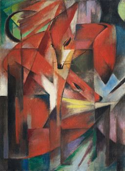 ambiguous_gender black_eyes cubism duo expressionism feral fur looking_down orange_body orange_fur side_view sitting white_body white_fur franz_marc public_domain canid canine fox mammal red_fox true_fox 1913 20th_century absurd_res ancient_art english_description formal_art hi_res oil_painting_(artwork) painting_(artwork) traditional_media_(artwork) traditional_painting_(artwork)