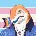 anthro asexual_pride_colors blue_clothing blue_tongue blue_topwear clothed clothing flag_in_mouth front_view green_eyes jewelry lgbt_pride looking_at_viewer male necklace open_clothing open_mouth open_topwear orange_body pansexual_pride_colors pride_color_flag pride_colors solo tongue topwear transgender_pride_colors white_body rayliicious scalie 1:1 bust_portrait portrait