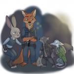 anthro barefoot belt blurred_background bottomwear clothed clothing crossed_arms dipstick_ears ear_markings feet fully_clothed fur grey_body grey_fur group looking_at_another multicolored_ears necktie orange_body orange_fur pants purple_eyes shirt standing topwear yinller disney the_nut_job zootopia buddy_(the_nut_job) judy_hopps nick_wilde surly canid canine fox lagomorph leporid mammal rabbit red_fox true_fox 1:1 2018 crossover hi_res