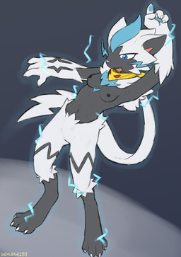 4_fingers 4_toes anthro areola biped blue_eyes breasts claws feet female finger_claws fingers front_view fur grey_background grey_body grey_fur looking_down mostly_nude mostly_nude_anthro navel nipples nude nude_anthro nude_female open_mouth scarf scarf_only simple_background solo standing tail teeth toe_claws toes tongue white_body white_fur white_tail sealer4258 nintendo pokemon xil_(sealer4258) generation_7_pokemon legendary_pokemon pokemon_(species) zeraora 2025 absurd_res digital_drawing_(artwork) digital_media_(artwork) hi_res
