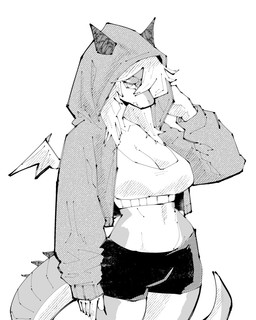 anthro bangs big_breasts black_bottomwear black_clothing black_shorts bottomwear bra breasts cleavage clothed clothed_anthro clothed_female clothing dragon_horn dragon_tail dragon_wings female female_anthro hair hair_over_eye hoodie horn hotpants jacket long_hair long_sleeves looking_at_viewer mouth_closed narrowed_eyes navel non-mammal_breasts non-mammal_navel organs parted_bangs shorts simple_background snout solo sports_bra stomach tail topwear underwear white_background wings miregeist mythology dragon mythological_creature mythological_scalie scalie 2026 4:5 absurd_res greyscale hatching_(art) hi_res monochrome shaded