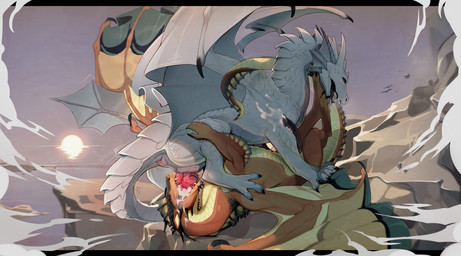 black_penis bodily_fluids claws cum cum_in_mouth cum_inside erection genital_fluids genitals knot male male/male membrane_(anatomy) membranous_wings open_mouth oral penis tail white_body wings mr_ais european_mythology mythology dragon mythological_creature mythological_scalie scalie western_dragon absurd_res hi_res