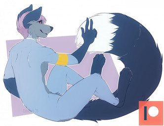 anthro biped blue_body blue_fur blue_nose blue_tail dipstick_tail fur fur_markings gloves_(marking) hair leg_markings looking_at_viewer male male_anthro markings multicolored_body multicolored_fur multicolored_tail nude nude_anthro nude_male patreon_logo paws purple_hair raised_hand rear_view simple_background smile socks_(marking) solo tail tail_markings text white_tail_tip yellow_eyes coffaefox sleepeatea patreon emmett_jayhart canid canine fox mammal red_fox silver_fox true_fox 2020 digital_drawing_(artwork) digital_media_(artwork) english_text