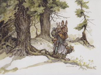 ambiguous_gender anthro apron basket brown_body brown_fur clothing container dress female feral forest fur group holding_basket holding_container holding_object holding_staff plant smile staff tail tree walking young young_feral larry_macdougall lagomorph leporid mammal rabbit hi_res painting_(artwork) watercolor_(artwork)