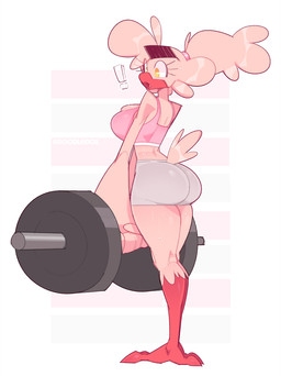 accessory anthro barbell barefoot beak big_breasts big_butt bodily_fluids bottomwear bra breasts bulging_breasts butt clothing deadlift exclamation_point exercise eyebrows eyelashes feather_hands feathers feet female grey_bottomwear grey_clothing grey_shorts hair hair_accessory hair_tie non-mammal_breasts pink_body pink_clothing pink_feathers pink_topwear shorts solo sports_bra sweat tail tail_feathers thick_eyebrows tied_hair tight_bottomwear tight_clothing topwear underwear weightlifting workout doodledox aza_(doodledox) avian bird passerine hi_res