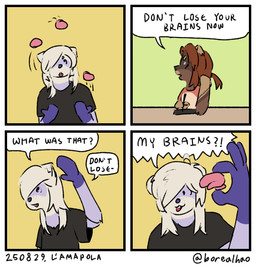 4_panel_comic ambiguous_gender anthro brown_body brown_fur clothed clothing dialogue duo electronics freckled_face freckles fur humor juggling looking_at_another multicolored_body multicolored_fur purple_body purple_fur shirt simple_background speech_bubble sweater t-shirt tablet tablet_pen talking_to_another text topwear white_body white_fur borealhao lamapola vinea_(lamapola) domestic_cat domestic_ferret felid feline felis mammal mustelid musteline true_musteline weasel comic digital_media_(artwork) english_text flat_colors hi_res signature