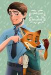 anthro belt clothed clothing duo fur hair male orange_body orange_fur simple_background text takatmadisney disney disney's_tangled_(film) zootopia flynn_rider nick_wilde canid canine fox human mammal red_fox true_fox 2018 crossover english_text hi_res