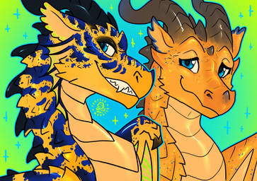 ambiguous_gender blue_background blue_eyes duo fangs feral frill_(anatomy) gradient_background green_background horn long_neck membrane_(anatomy) membranous_frill membranous_wings scales simple_background smile smirk snout sparkles striped_body stripes teeth wings yellow_body yellow_scales frostedmonster european_mythology mythology wings_of_fire platypus_(wof) quokka_(wof) dragon mythological_creature mythological_scalie scalie western_dragon wildwing_(wof) hi_res watermark female_(lore) sibling_(lore) sister_(lore) sisters_(lore)