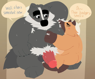 anthro armpit_fetish armpit_hair armpit_sniffing balls belly big_belly black_nose bodily_fluids body_hair brown_body butt dialogue duo genitals hug lying male male/male overweight overweight_male penis pubes sniffing sweat text bencomedion beastly_crimes beastly_crimes_(2024) chief_badger fan_character badger capybara caviid mammal mustelid musteline rodent 2026 english_text hi_res