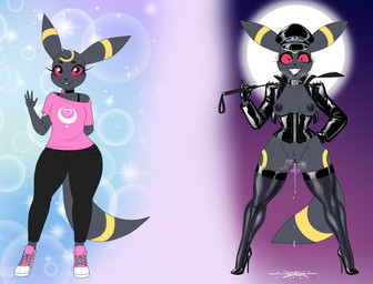 anthro anthrofied areola black_areola black_bottomwear black_clothing black_eyeshadow black_insides black_lipstick black_nipples black_pants black_vulva blue_eyes blush bodily_fluids bottomwear bra_strap breasts choker clothing collar corset crazy_eyes crescent_moon dominatrix drooling ear_markings exposed_breasts eye_twitch eyeshadow female footwear forehead_mark full_moon genital_fluids genitals gesture gloves grin grinning_at_viewer hand_behind_back hand_on_hip handwear hat headgear headwear high_heeled_sneakers high_heels holding_object holding_riding_crop holding_whip jacket jewelry latex latex_clothing latex_legwear latex_stockings leaking_vagina leather leather_clothing leather_jacket leather_topwear legwear lingerie lipstick loose_shirt makeup markings moon necklace nipples pants pink_clothing pink_shirt pink_topwear pokemorph presenting presenting_vulva red_sclera riding_crop saliva saliva_string shirt shoes shy small_waist smile smiling_at_viewer sneakers solo spiked_collar spiked_jacket spikes steam stockings stylized_background tail tail_markings thick_thighs topwear unusual_insides vaginal_fluid_string vaginal_fluids vulva waving waving_at_viewer whip wide_hips zipper crovirus nintendo pokemon jasmine_the_umbreon_(crovirus) eeveelution generation_2_pokemon pokemon_(species) umbreon 2026 hi_res