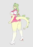anthro bedroom_eyes big_breasts big_butt biped blue_eyes blush bottomwear breasts butt choker clothed clothing female footwear green_body green_hair green_scales grey_background hair hair_bun head_turned high_heels jewelry knee_highs knee_socks legwear long_hair long_tail looking_at_viewer miniskirt narrowed_eyes necklace non-mammal_breasts open_mouth open_smile pink_bottomwear pink_clothing pink_skirt raised_clothing raised_shirt raised_topwear scales seductive shirt shoes side_boob simple_background skirt smile socks solo spiked_tail spikes spikes_(anatomy) tail three-quarter_view topwear twin_buns under_boob pataconm cavemanon_studios goodbye_volcano_high snoot_game stella_(gvh_beta) dinosaur ornithischian prehistoric_species reptile scalie stegosaurian stegosaurus thyreophoran 2024 absurd_res colored full-length_portrait hi_res portrait