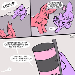 ambiguous_gender container cup dialogue digitigrade drinking_straw duo exclamation_point fangs feral fluffy fluffy_tail grey_background looking_at_another neck_tuft open_mouth open_smile purple_body quadruped red_body simple_background smile speech_bubble tail teeth text tuft nulloffset nintendo pokemon leif_(nulloffset) taro_(nulloffset) eevee generation_1_pokemon generation_5_pokemon pokemon_(species) zorua 1:1 comic english_text hi_res restricted_palette watermark