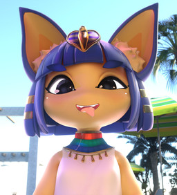 accessory anthro bangs bare_shoulders beach_umbrella black_eyes blue_hair blue_sky blunt_bangs blurred_background blush bob_cut clothing day dress egyptian egyptian_clothing fangs female hair hair_accessory inner_ear_fluff jewelry kalasiris looking_at_viewer necklace noseless open_mouth open_smile outside palm_tree parasol plant short_hair sky smile smiling_at_viewer solo teeth tongue tongue_out tree tuft uraeus usekh white_clothing white_dress yellow_body rosoero zy0n7_(modeler) animal_crossing nintendo rigby_the_cat ankha_(animal_crossing) domestic_cat felid feline felis mammal 3d_(artwork) digital_media_(artwork) hi_res meme