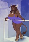 anthro arm_support balcony big_breasts blue_eyes breasts breath brown_body brown_fur brown_hair brown_nose cleavage clothed clothing cloven_hooves dewclaw_hooves dress female freckles fur hair hooves horn huge_breasts jewelry leaning leaning_forward long_hair necklace panting shadow short_dress simple_background sleeveless_dress solo standing tail tail_tuft tan_hooves tan_horn tight_clothing tight_dress tuft unguligrade runewoof european_mythology greek_mythology mythology nihea_avarta bovid bovine mammal minotaur absurd_res hi_res