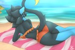 anthro anthrofied beach bikini black_body black_fur black_hair blue_body blue_fur butt clothing female fur hair looking_at_viewer looking_back lying on_side pokemorph raised_tail rear_view sand seaside solo swimwear tail towel two-piece_swimsuit water yellow_eyes vlc525 nintendo pokemon tess_sovany generation_4_pokemon luxray pokemon_(species) 2020 hi_res