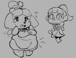 anthro big_breasts black_eyes black_nose blush blush_lines blush_stickers bodily_fluids boots bottomwear breasts clothed clothed_anthro clothed_female clothed_human clothing drooling duo eyelashes female footwear grey_background hair half-closed_eyes looking_at_another looking_at_belly looking_at_own_belly looking_down looking_down_at_belly multicolored_tail narrowed_eyes navel open_mouth overweight overweight_anthro overweight_female ponytail saliva shoes simple_background skirt sweat_emanata tail teeth tongue triangle_nose two_tone_tail caliginous animal_crossing nintendo isabelle_(animal_crossing) villager_(animal_crossing) canid canine canis domestic_dog human mammal shih_tzu toy_dog 2023 digital_drawing_(artwork) digital_media_(artwork) hi_res monochrome