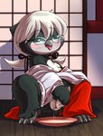 anthro asian_clothing beak blush bodily_fluids bowl clothed clothing container east_asian_clothing excessive_genital_fluids excessive_pussy_juice eyewear facial_markings feet female fingering genital_fluids genitals glasses hair head_markings japanese_clothing markings masturbation miko_outfit open_mouth presenting shrine_maiden solo spread_legs spreading tongue vaginal vaginal_fingering vaginal_fluids vulva young young_anthro young_female lkiws fukiyo_(pokeandpenetrate) avian bird owl digital_media_(artwork) hi_res