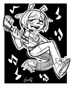 black_background clothed clothing electric_guitar female guitar musical_instrument musical_note musical_symbol plucked_string_instrument simple_background solo string_instrument symbol gerph parappa_the_rapper sony_corporation sony_interactive_entertainment um_jammer_lammy lammy_lamb bovid caprine mammal sheep 5:6 hi_res monochrome