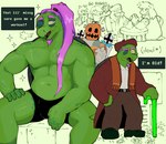 anthro beak blush bodily_fluids clothed clothing elderly green_body green_skin group hair humor long_hair male muscular sweat underwear underwear_only dustifang deltarune undertale_(series) gerson guei_(deltarune) jackenstein kris_(deltarune) ralsei susie_(deltarune) reptile scalie tortoise turtle hi_res