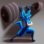 anthro bodily_fluids breasts cleavage clenched_teeth clothed clothing exercise female gradient_background grey_background medium_breasts patreon_artist raised_arms simple_background solo sweat teeth weightlifting weights workout conditional_dnp thelightsmen nintendo pokemon fan_character generation_4_pokemon lucario pokemon_(species) 1:1 cel_shading hi_res shaded