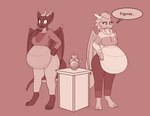 anthro big_breasts breasts bumpywish clothed clothing colored dialogue dragon duo english_text female fertility_idol hi_res horn mythological_creature mythological_scalie mythology pillar pregnant rapid_pregnancy red_body scalie speech_bubble standing surprised_expression tail text thick_thighs upset wings