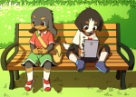 anthro bench clothing duo floppy_ears grass heart_symbol male on_bench outside park plant shadow simple_background sitting smile spread_legs spreading tablet tablet_computer young young_anthro young_male manmosu_marimo manizu tteyuu bernese_mountain_dog canid canine canis dobermann domestic_dog mammal molosser mountain_dog pinscher swiss_mountain_dog 2016 digital_media_(artwork)