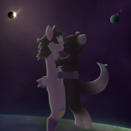 anthro belly big_tail brown_hair dark_body duo eclipse female floating fur hair hand_on_head hand_on_hip kissing male planet purple_body purple_fur space tail white_belly jm-luxro cassiopeia_zephyrine nova_(jmluxro) goo_creature space_badger 1:1 absurd_res hi_res