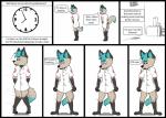 anthro blue_hair bodily_fluids bottomless clock clothed clothing dialogue female genital_fluids hair nervous nurse omorashi peeing simple_background solo text urine white_background lexpads feyn canid canine mammal absurd_res english_text hi_res