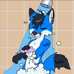 anthro bathing black_body black_fur black_hair blue_body blue_fur closed_smile dipstick_ears ear_markings eyes_closed fur hair inner_ear_fluff male markings mouth_closed multicolored_body multicolored_ears multicolored_fur nude short_hair showering smile solo standing tuft wet wet_body wet_fur white_body white_fur white_inner_ear_fluff martinballamore canid canine fox mammal 1:1