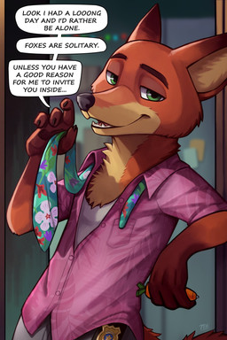 anthro bedroom_eyes bottomwear clothed clothing dialogue fingers fur green_eyes half-closed_eyes holding_necktie holding_object holding_pen holding_writing_utensil looking_at_viewer male narrowed_eyes necktie pen police police_badge seductive shirt smile solo speech_bubble tail talking_to_viewer text topwear writing_utensil 7theaven disney zootopia nick_wilde canid canine fox mammal mustelid musteline red_fox true_fox 2:3 digital_media_(artwork) english_text hi_res