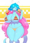 antennae_(anatomy) big_breasts bikini blue_body blue_eyes blue_hair blue_skin breasts burger clothing curvy_figure eating female food hair huge_breasts multicolored_hair navel pink_hair solo swimwear thick_thighs two-piece_swimsuit two_tone_hair voluptuous wide_hips y2k_(graphic_design) theycallhimcake mirabelle alien humanoid 2018 colorful_theme digital_media_(artwork) hi_res