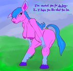 anthro bent_over big_breasts big_butt blue_body blue_eyes blue_fur blue_mane blue_markings blue_sky blue_tail blush breasts butt cloud colored_outline day female fur grass grass_field hair hands_on_knees hands_on_legs hands_on_own_knees hands_on_own_legs hanging_breasts hooves huge_breasts lips looking_away mane markings muscular muscular_anthro muscular_female muscular_legs nervous nipples nude outside pink_body pink_fur pink_lips pink_nipples plant presenting presenting_body presenting_breasts purple_hooves scrunchie self-esteem_issues shy simple_background sky smile solo tail talking_to_viewer text thick_thighs wide_hips snufflesnuf mellowfield_(snufflesnuff) asinus donkey equid equine horse hybrid mammal mule colored_line_art english_text hi_res shaded simple_shading