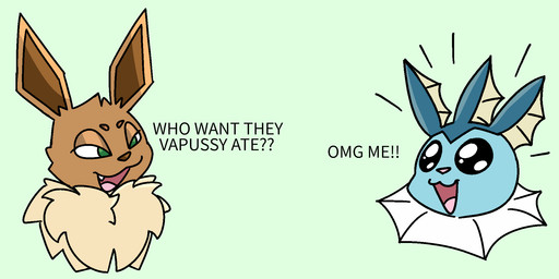ambiguous_gender blue_body brown_body brown_fur cute_fangs dialogue duo fangs frill_(anatomy) fur green_eyes humor joke neck_frill neck_tuft omg open_mouth profanity simple_background teeth text tuft karacuzzy nintendo pokemon wojak eevee eeveelution generation_1_pokemon pokemon_(species) vaporeon 2:1 aliasing digital_media_(artwork) english_text flat_colors hi_res meme