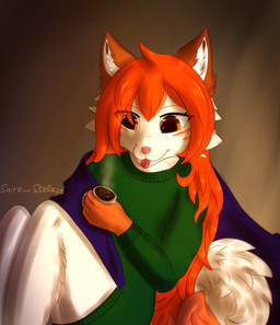 anthro bedding beverage blanket blep bottomless brown_body brown_eyes brown_fur clothed clothing coffee coffee_mug facial_markings female fluffy fluffy_hair fluffy_tail fur green_clothing green_sweater green_topwear hair head_markings holding_object inner_ear_fluff markings pink_nose purple_blanket red_hair simple_background sitting solo steam sweater tail tongue tongue_out topwear tuft white_body white_fur young stellaamoris astra_(stellaamoris) canid canine fox mammal absurd_res digital_drawing_(artwork) digital_media_(artwork) hi_res