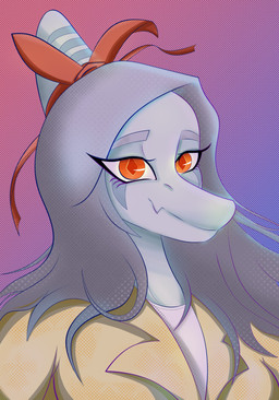amber_eyes anthro blue_body bone_frill clothed clothed_anthro clothed_female clothing female frill_(anatomy) front_view grey_hair hair happy jacket long_hair looking_at_viewer markings red_bow shirt smile solo striped_markings stripes topwear white_clothing white_shirt white_topwear yellow_clothing yellow_jacket_(clothing) yellow_topwear louiss. cavemanon_studios goodbye_volcano_high ko_op_(game_developer) snoot_game fang_(gvh) prehistoric_species pterosaur reptile scalie absurd_res bust_portrait colored digital_media_(artwork) hi_res portrait shaded