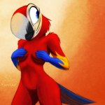 anthro beak big_beak blue_body blue_eyes blue_feathers breasts covering covering_breasts covering_self eyelashes feathers female genitals gradient_background hand_on_breast navel nude pussy red_body red_feathers simple_background smile solo tail tail_feathers white_body white_feathers wide_hips yellow_body yellow_feathers katnay ara_(genus) avian bird macaw neotropical_parrot parrot scarlet_macaw true_parrot 1:1 2020 hi_res