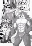 anime_nosebleed anthro asian_clothing biceps blood bodily_fluids bulge clothed clothing dialogue duo east_asian_clothing fantasy fundoshi japanese_clothing king male military muscular nosebleed royalty scar skimpy tail text underwear amakuchi sega shining_(sega) shining_f shining_wind raihi_(shining) rouen_(shining) canid canine canis felid mammal pantherine tiger wolf 2010 absurd_res comic greyscale hi_res japanese_text monochrome translation_request