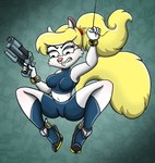 anthro bad_trigger_discipline blonde_hair clenched_teeth clothing female fur gun hair handgun holding_gun holding_handgun holding_object holding_pistol holding_ranged_weapon holding_weapon navel pistol ponytail ranged_weapon solo spread_legs spreading suspension teeth weapon white_body white_fur shinragod animaniacs metroid nintendo warner_brothers minerva_mink samus_aran mammal mink mustelid musteline true_musteline hi_res