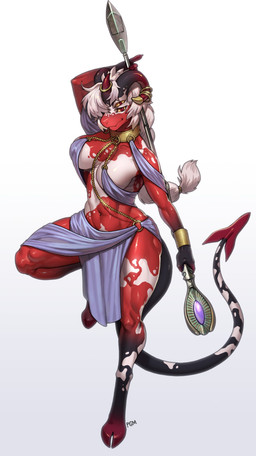 anthro black_body bracelet breasts cloven_hooves collarbone female glistening glistening_body glistening_breasts glistening_thighs hair hooves horn horn_jewelry horn_ring jewelry looking_at_viewer midriff multi_eye navel red_body red_eyes ring_(jewelry) solo spade_tail staff tail white_body white_hair pgm300 demon 2023 absurd_res hi_res